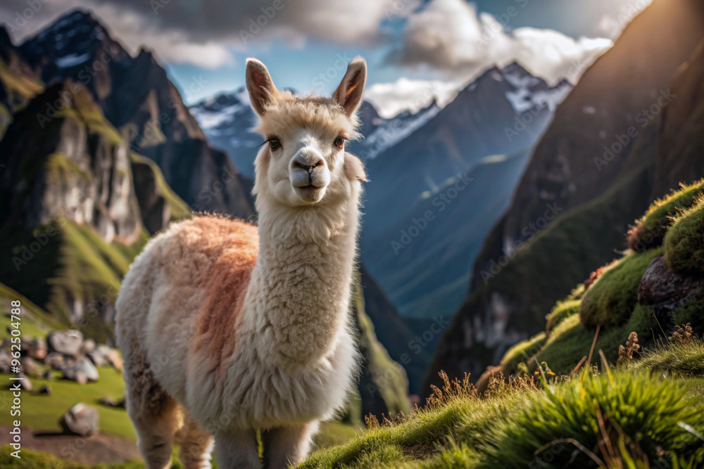 Alpaca Standing on a Mountain Ridge with a Blurred Mountain Background Alpaca Standing on a Mountain Ridge with a Blurred Mountain Background