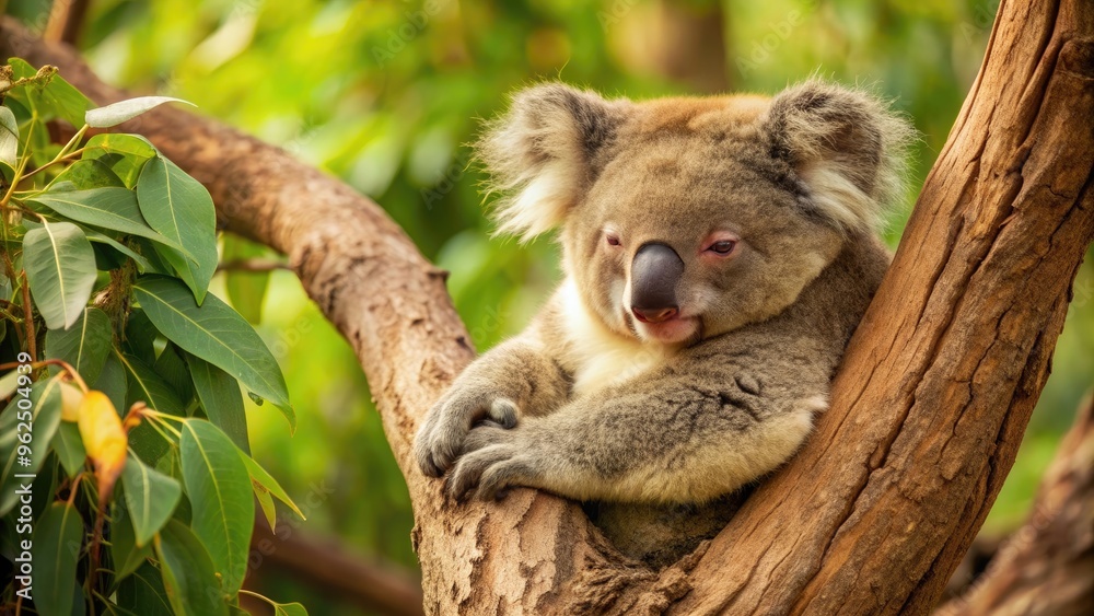 Obraz premium Koala resting in eucalyptus tree , Australia, wildlife, cute, furry, marsupial, native, eucalyptus leaves, nature