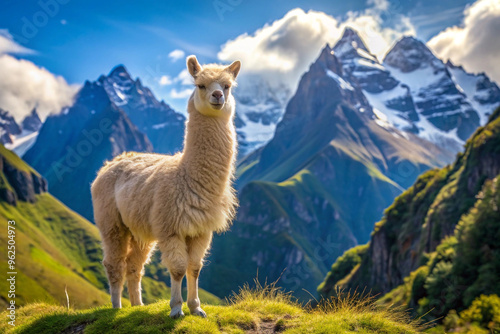 Alpaca Standing on a Mountain Ridge with a Snowy Mountain Range in the Background