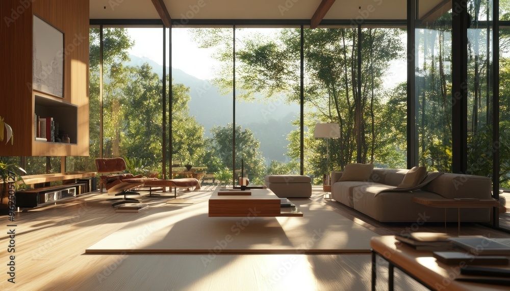 Fototapeta premium Modern living room with large windows overlooking a green forest and mountains.