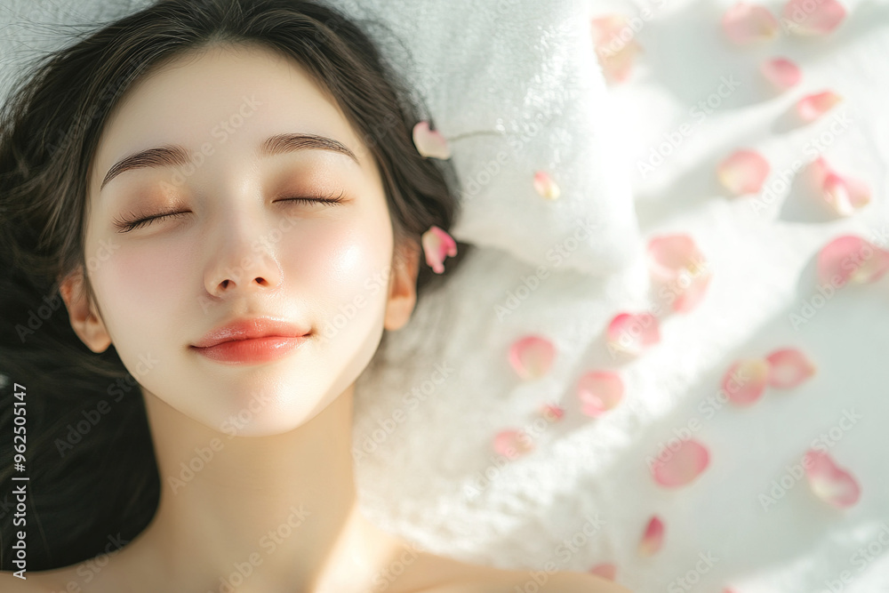 Elegant Japanese Woman Enjoying a Calming Spa Massage on a Table Decorated with Pink Petals Against a White Backdrop for Skin Care Elegant Japanese Woman Enjoying a Calming Spa Massage on a Table Decorated with Pink Petals Against a White Backdrop for Skin Care