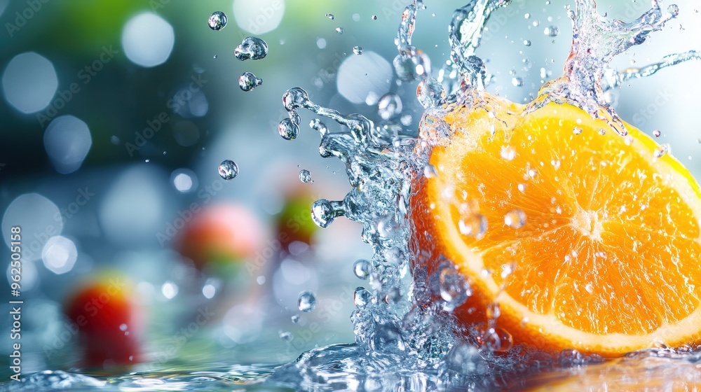 A fresh orange slice splashing in water, capturing the essence of summer and vitality, perfect for culinary and beverage themes.