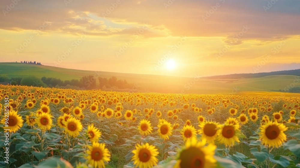 Fototapeta premium Sun Setting Over a Field of Sunflowers