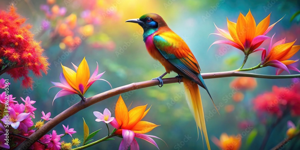 Bird of paradise perched on a branch with vibrant flowers, captured in impressionistic style Bird of paradise perched on a branch with vibrant flowers, captured in impressionistic style