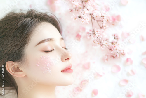 Tranquil Spa Scene: Japanese Woman Lying on a Massage Table with Pink Flower Petals and a Pure White Background for a Beauty and Wellness Session