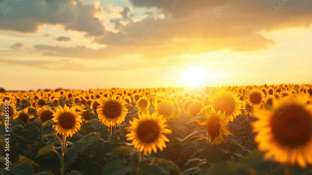 Fototapeta premium Sunlit Field of Sunflowers at Sunset