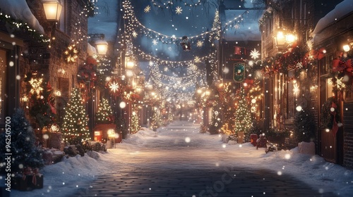 Festive Snowfall on a Christmas-Decorated Cobblestone Street