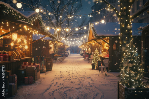 Bustling Christmas market captured at night with sparkling lights and holiday shoppers in a festive atmosphere.