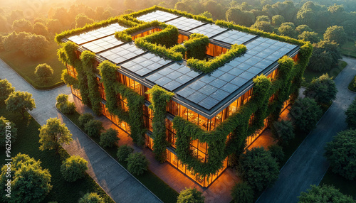 A modern building features lush vertical gardens and solar panels, blending greenery with sustainable technology. birer kelime ile sadece
 photo