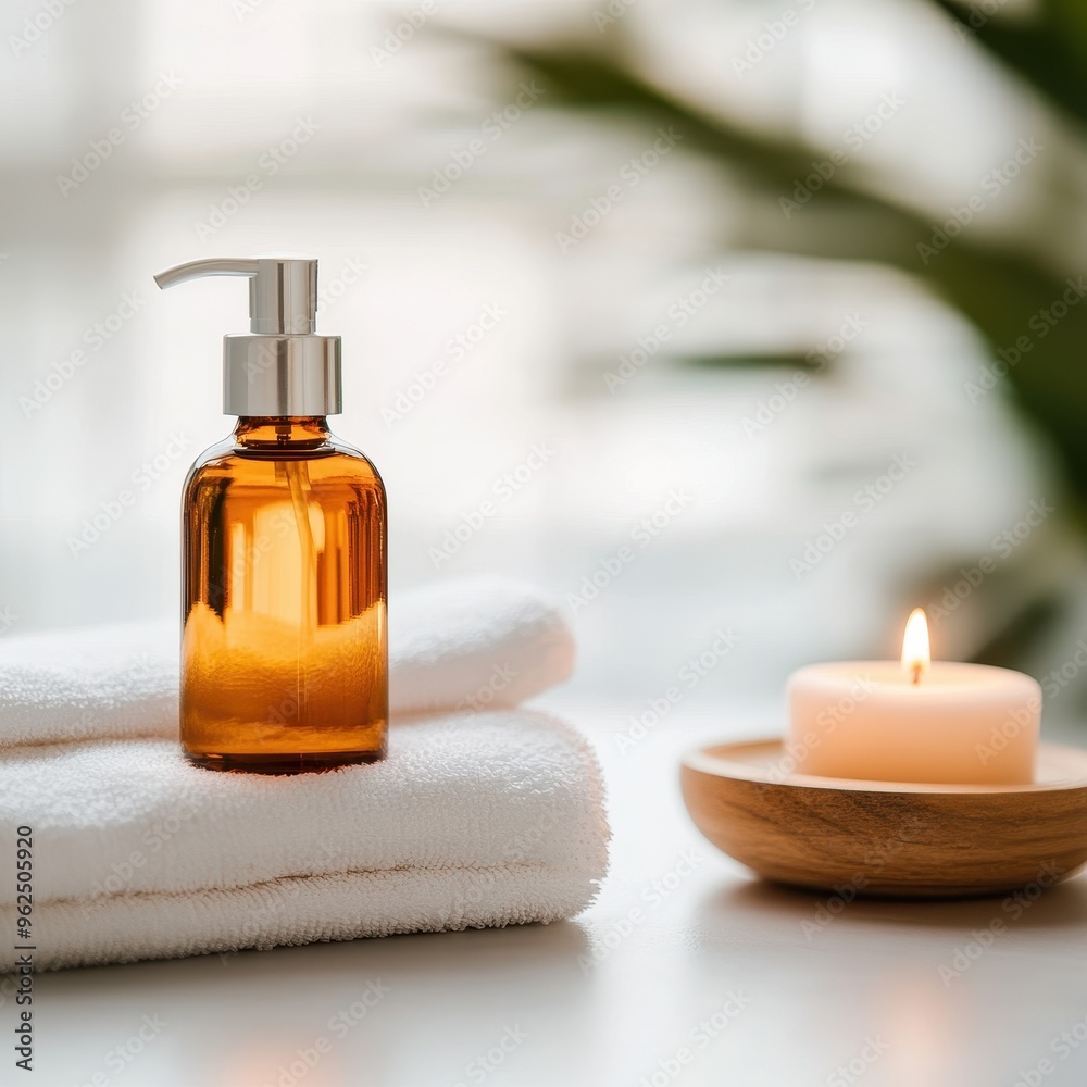 A serene spa scene featuring an amber glass bottle, soft towels, and a lit candle, perfect for relaxation and wellness themes. A serene spa scene featuring an amber glass bottle, soft towels, and a lit candle, perfect for relaxation and wellness themes.