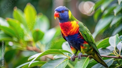 Vibrant parrot perched on branch surrounded by green leaves, parrot, colorful, bird, branch, feathers, tropical, wildlife