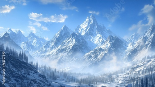 Majestic Snowy Mountain Range with Hazy Valley and Evergreen Trees