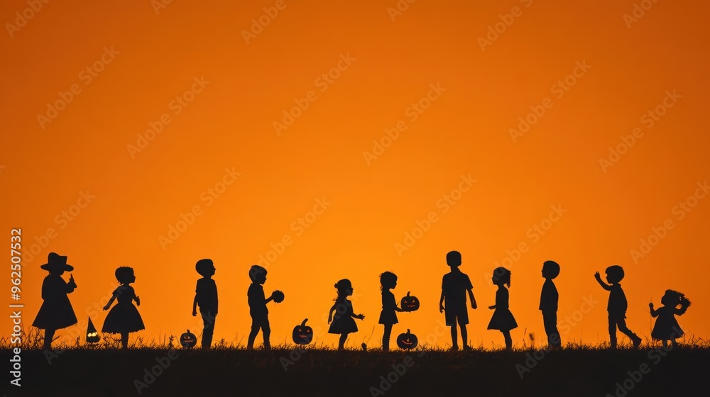Halloween Concept , Silhouettes of Children Trick-or-Treating at Sunset Halloween Concept , Silhouettes of Children Trick-or-Treating at Sunset