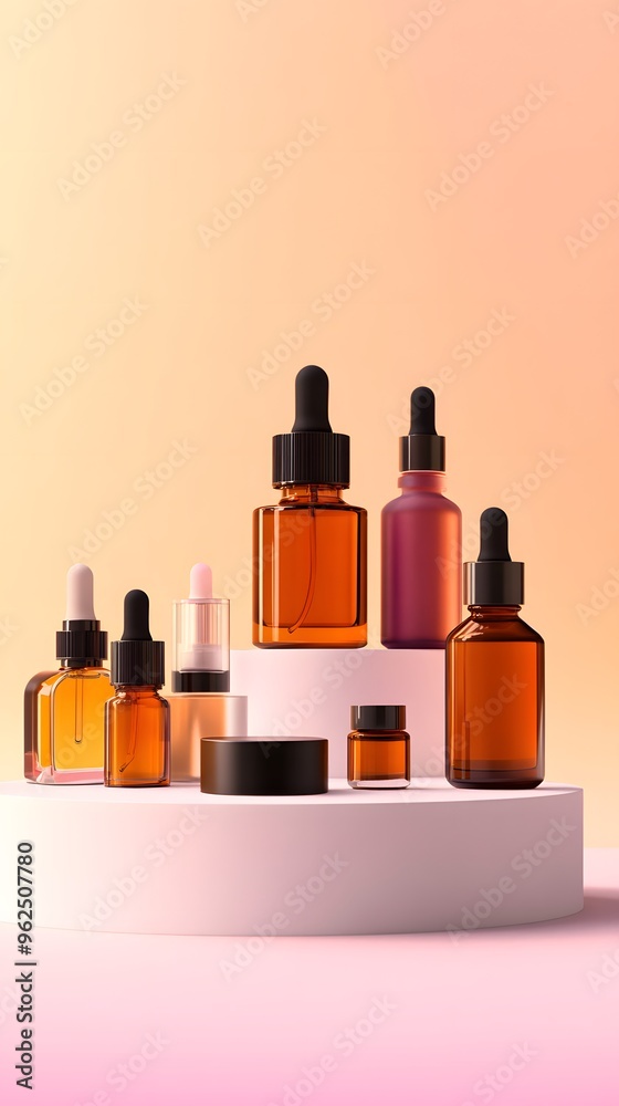 Amber Glass Bottles with Droppers on a White Platform