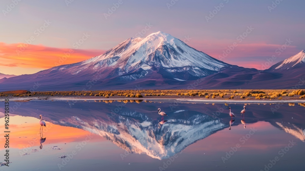 Flamingos in a Lake Reflecting a Snowy Mountain at Sunset Flamingos in a Lake Reflecting a Snowy Mountain at Sunset