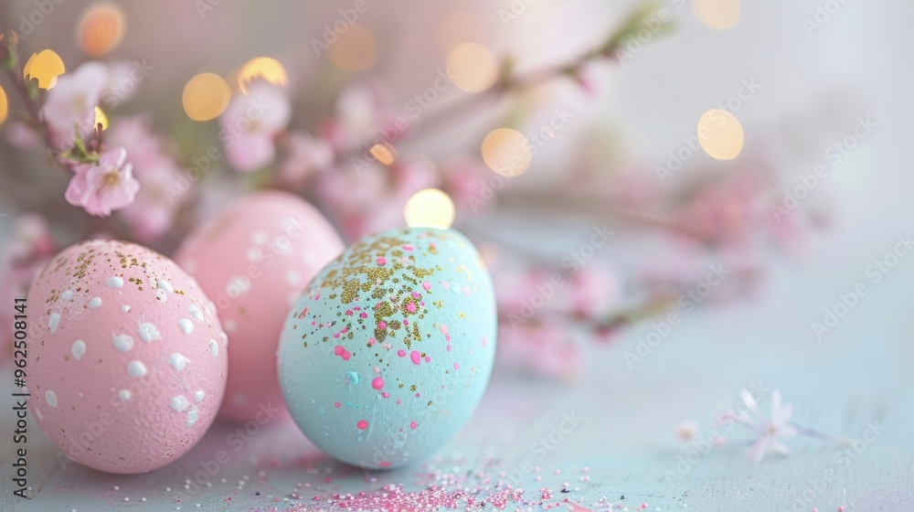 Pastel Easter eggs with intricate designs are arranged next to blooming flowers, creating a festive and colorful spring atmosphere Pastel Easter eggs with intricate designs are arranged next to blooming flowers, creating a festive and colorful spring atmosphere