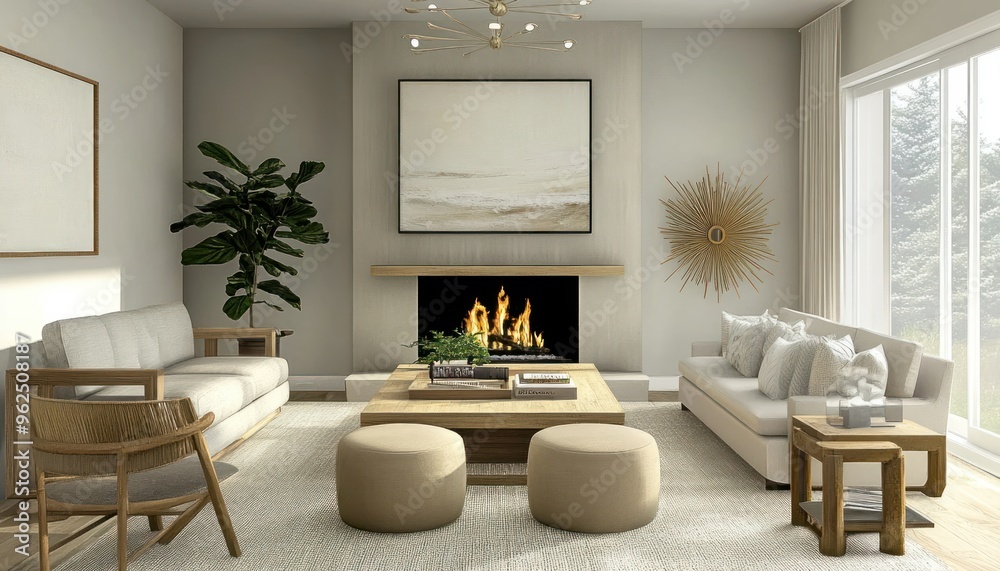 Fototapeta premium Modern living room with a fireplace and a large window