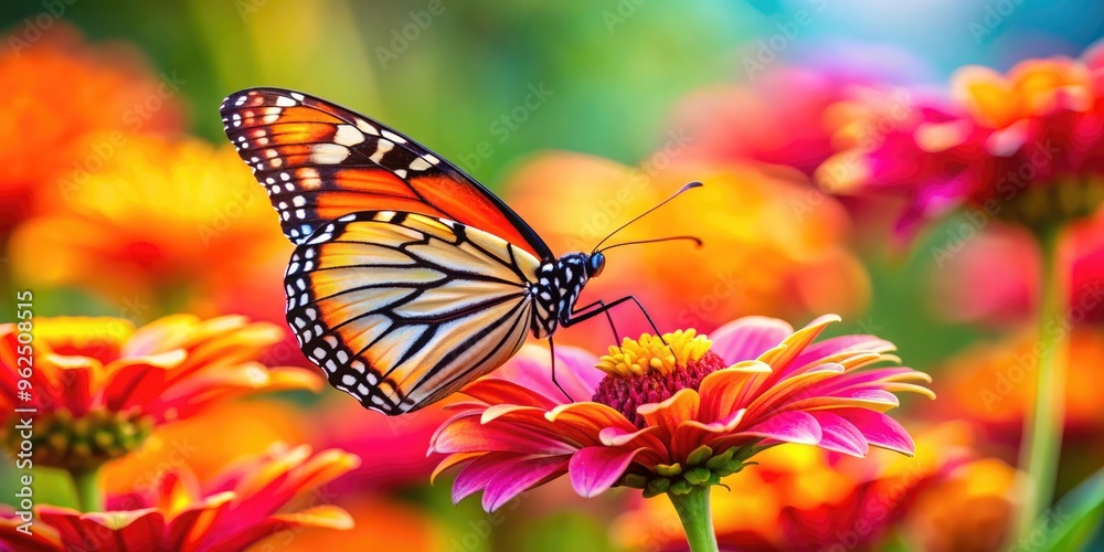 Close-up of a vibrant butterfly resting on a colorful flower , insect, wings, nature, beauty, macro, close-up, garden Close-up of a vibrant butterfly resting on a colorful flower , insect, wings, nature, beauty, macro, close-up, garden
