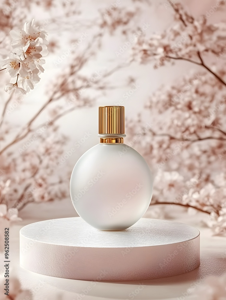 Elegant Perfume Bottle with Cherry Blossom Background Elegant Perfume Bottle with Cherry Blossom Background