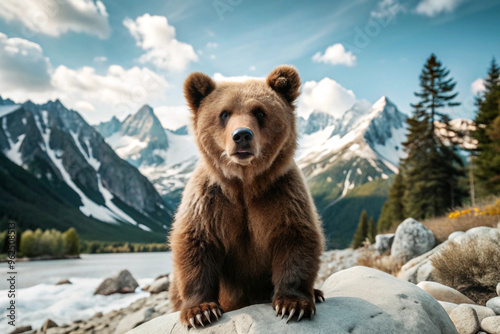 A Brown Bear Sitting on a Rock in a Mountainous Landscape