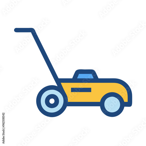 Lawnmower illustration, blue and yellow, gardening tool icon