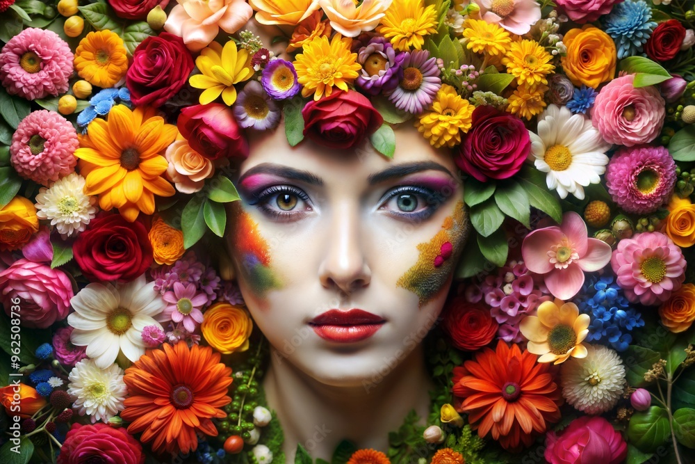 Naklejka premium Portrait of young woman beautified with vibrant and diverse floral arrangements