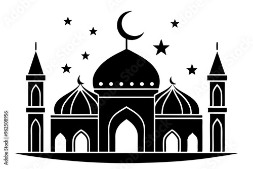 Ramadan Coloring Page Black and White Line Art of Mosque Silhouette with Crescent Moon and Star