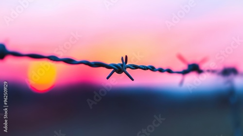 A barbed wire fence stretches across the landscape as the sun sets, illuminating the sky with warm colors of orange and purple glows