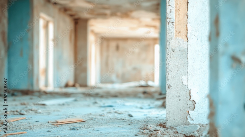 The interior of an abandoned building shows signs of renovation with dust-covered floors and unfinished walls that hint at past neglect