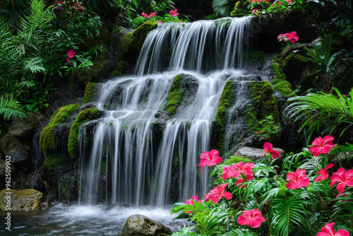 A serene waterfall cascades over mossy rocks, surrounded by vibrant pink flowers and lush greenery, creating a tranquil scene.