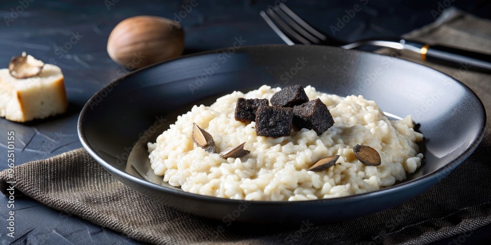 Indulge in a gourmet truffle risotto with shaved black truffles for a luxurious dining experience, Gourmet, truffle Indulge in a gourmet truffle risotto with shaved black truffles for a luxurious dining experience, Gourmet, truffle