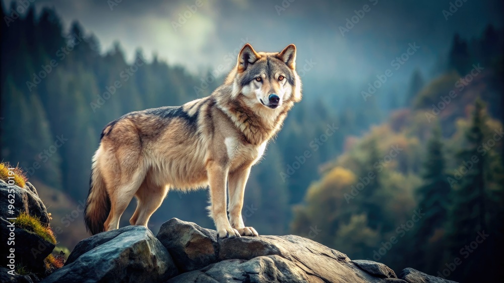 Majestic wolf standing strong on rocky terrain in the wilderness, wolf, wildlife, predator, strong, powerful, majestic, animal Majestic wolf standing strong on rocky terrain in the wilderness, wolf, wildlife, predator, strong, powerful, majestic, animal