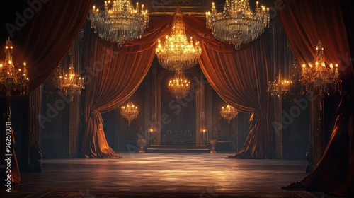 Luxurious Room with Ornate Chandeliers and Red Curtains
