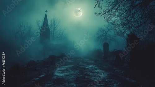 Dark and atmospheric Halloween night featuring a horror-themed environment with dense, creeping fog adding to the unsettling ambiance photo