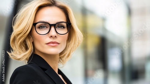 Confident young Caucasian woman in glasses, showcasing a professional and stylish appearance.