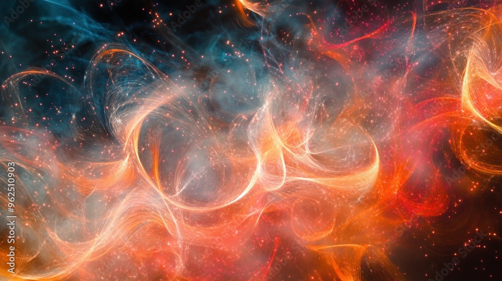 Abstract swirling orange and blue light patterns with scattered red dots on a dark background Abstract swirling orange and blue light patterns with scattered red dots on a dark background