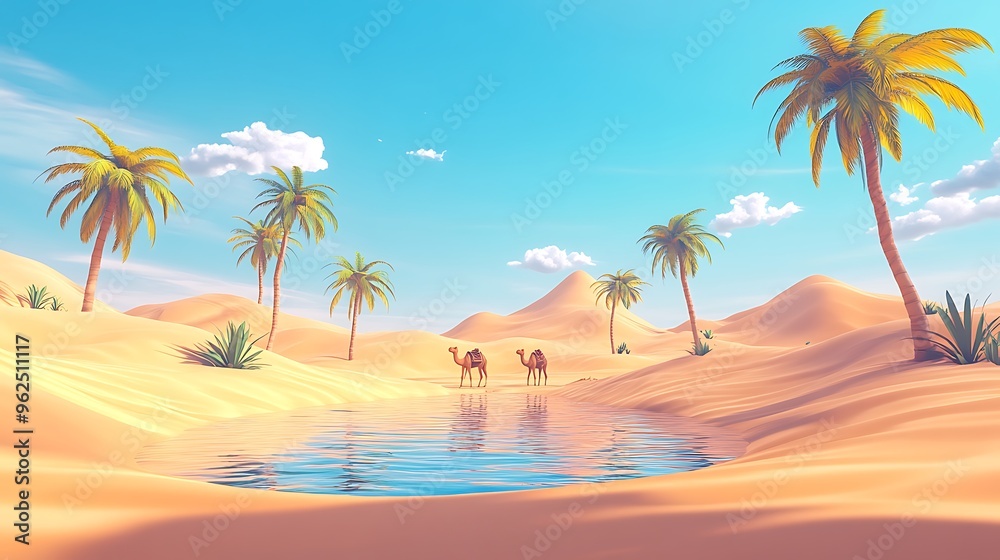 Oasis in the Desert with Palm Trees and Camels Oasis in the Desert with Palm Trees and Camels