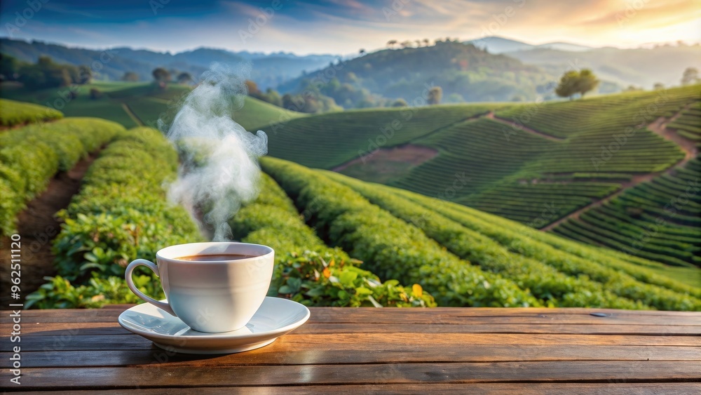 Steaming coffee cup in foreground with sprawling coffee plantation in background , warmth, comfort, coffee, cup, plantation Steaming coffee cup in foreground with sprawling coffee plantation in background , warmth, comfort, coffee, cup, plantation