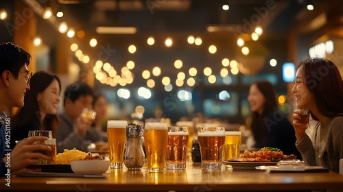  Korean people sitting at a long pub table