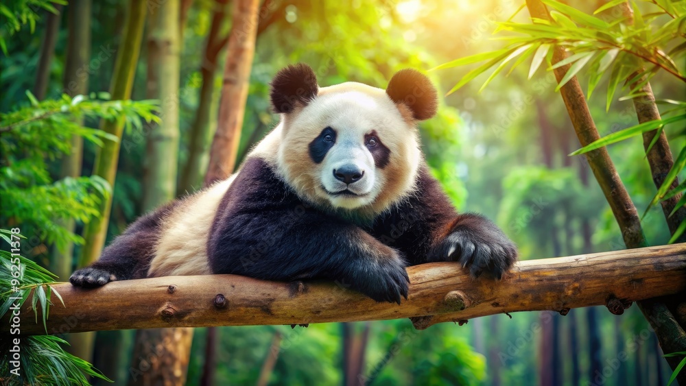 Giant Panda bear resting on a tree branch in a bamboo forest, Giant Panda, bear, wildlife, endangered species, black and white Giant Panda bear resting on a tree branch in a bamboo forest, Giant Panda, bear, wildlife, endangered species, black and white