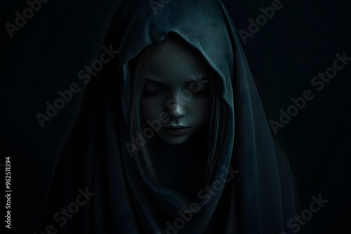 Mysterious Girl Portrait in Dark Dramatic Lighting with Hood