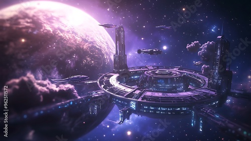 Fototapeta Naklejka Na Ścianę i Meble -  Futuristic Space Station Orbiting a Planet with Stars and Spacecraft