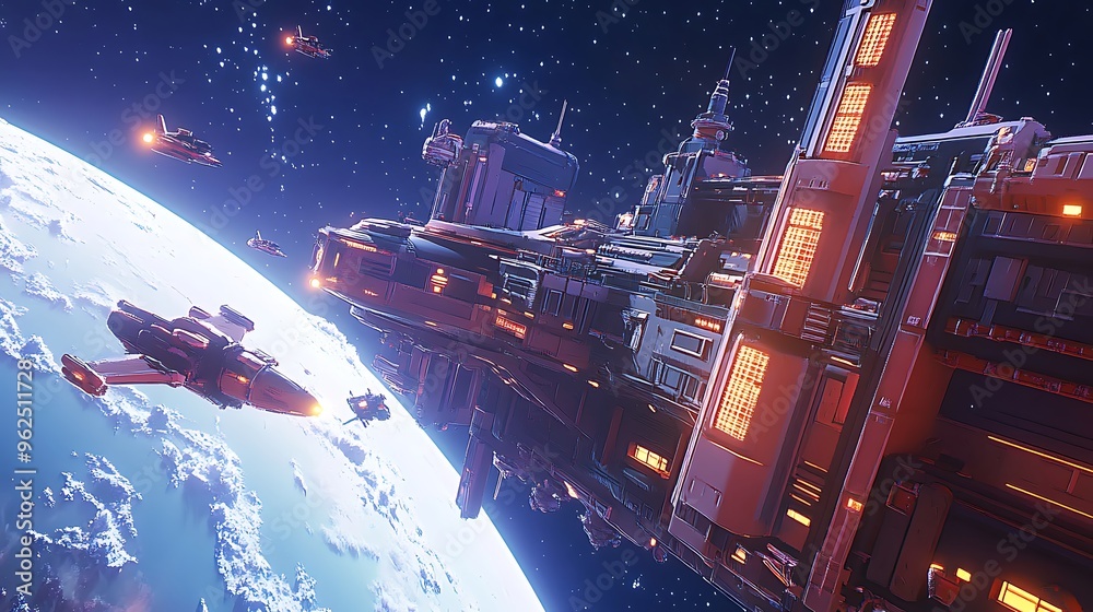 Obraz premium Futuristic Spaceship Station Orbiting Earth