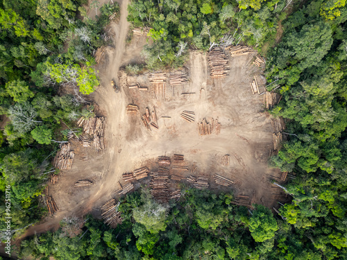 Aerial view of a logging yard in the Amazon rainforest: The yard is located in a clearing surrounded by dense forest. The logs are stacked in neat rows, and they are a variety of sizes and species.