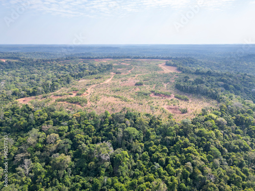 Cuadro en lienzo Aerial drone view of a deforested area on top of a plateau being prepared for ba