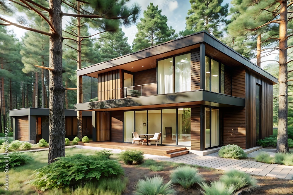 Visualization of a modern private house in the forest, Modern Minimalist Family Villa, cozy home. luxury real estate residential building concept. Visualization of a modern private house in the forest, Modern Minimalist Family Villa, cozy home. luxury real estate residential building concept.