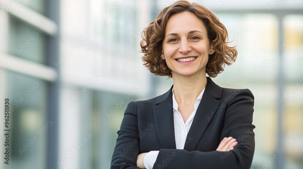 Smiling middle-aged Caucasian businesswoman in a professional suit with crossed arms. Smiling middle-aged Caucasian businesswoman in a professional suit with crossed arms.