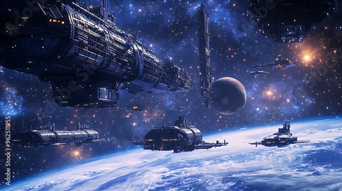 Wallpaper Mural Spaceships Orbiting Earth with Stars and Moon Torontodigital.ca