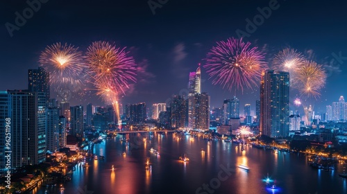 Nighttime cityscape with vibrant fireworks over a river