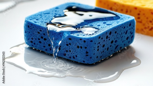 A vivid blue sponge saturated with water, dripping and showcasing its absorbent texture on a shiny surface.